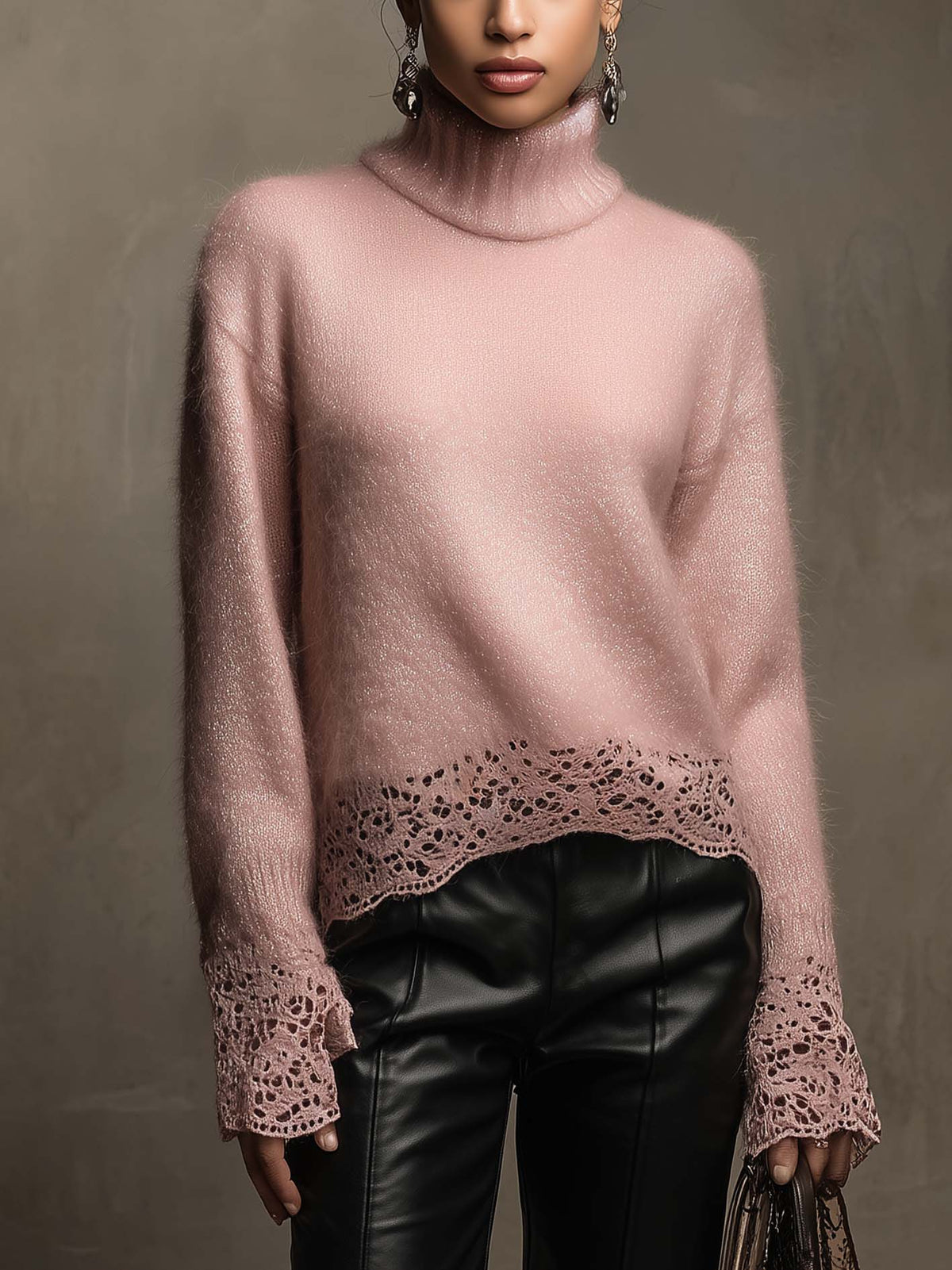Pull col roulé rose poudré