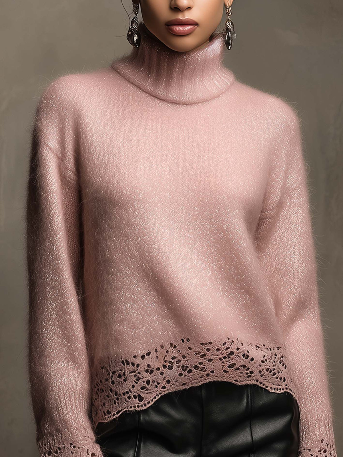Pull col roulé rose poudré