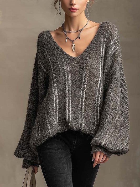 Pull-over gris anthracite molletonné à col en V