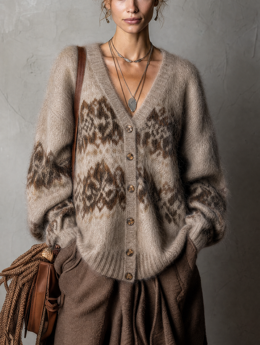 Gilet en maille duveteuse motif Fair Isle taupe