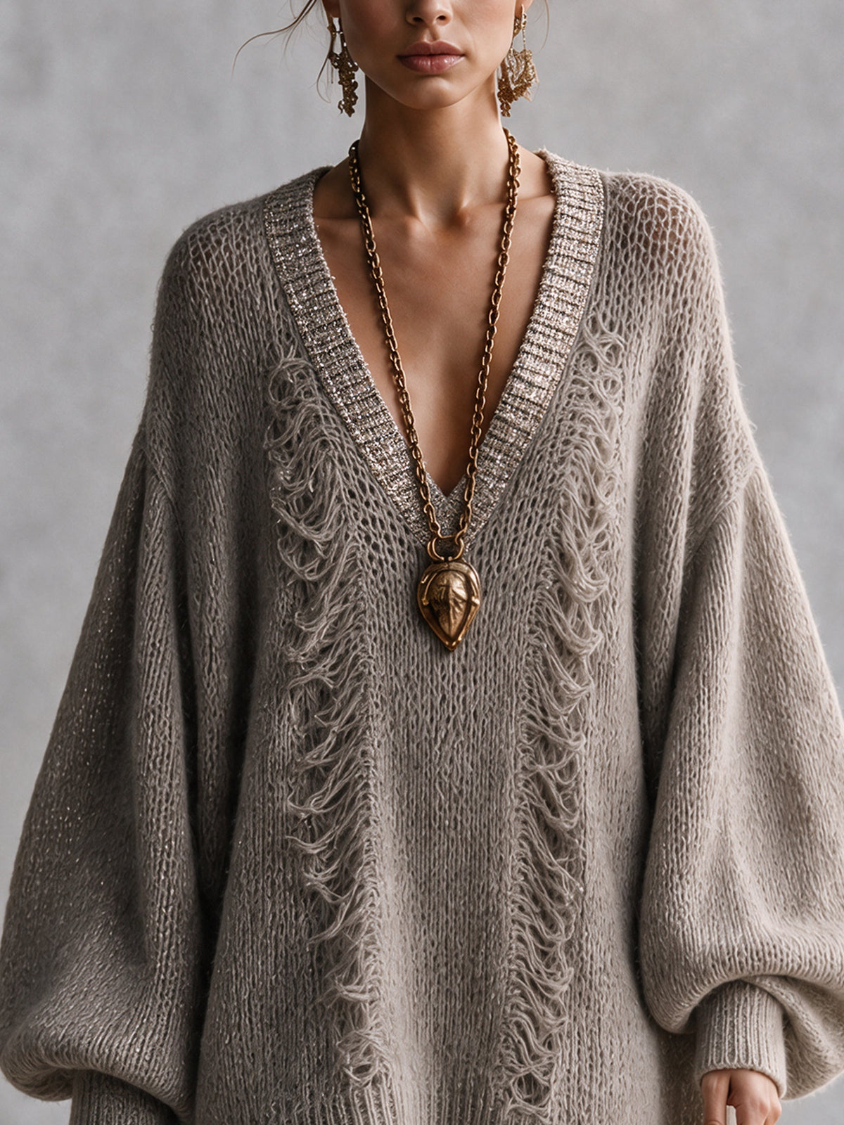 Robe mini oversize taupe à franges