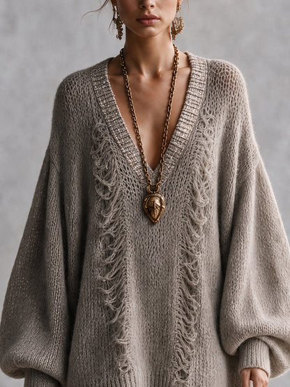 Robe mini oversize taupe à franges