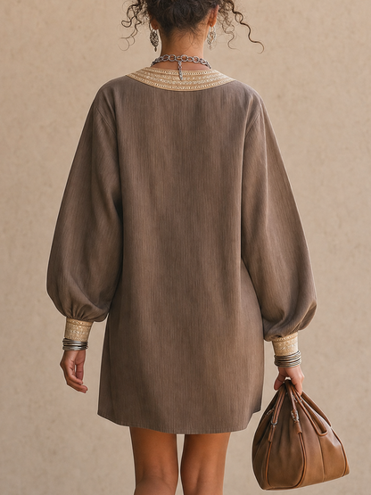 Robe tunique courte marron brodée