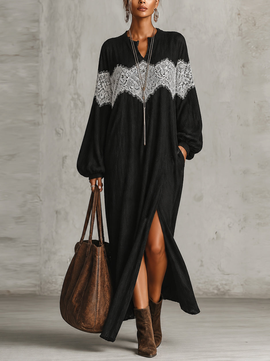 Robe longue noire en dentelle