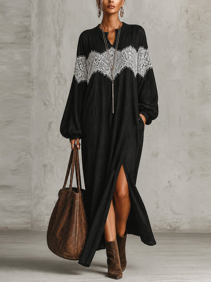 Robe longue noire en dentelle