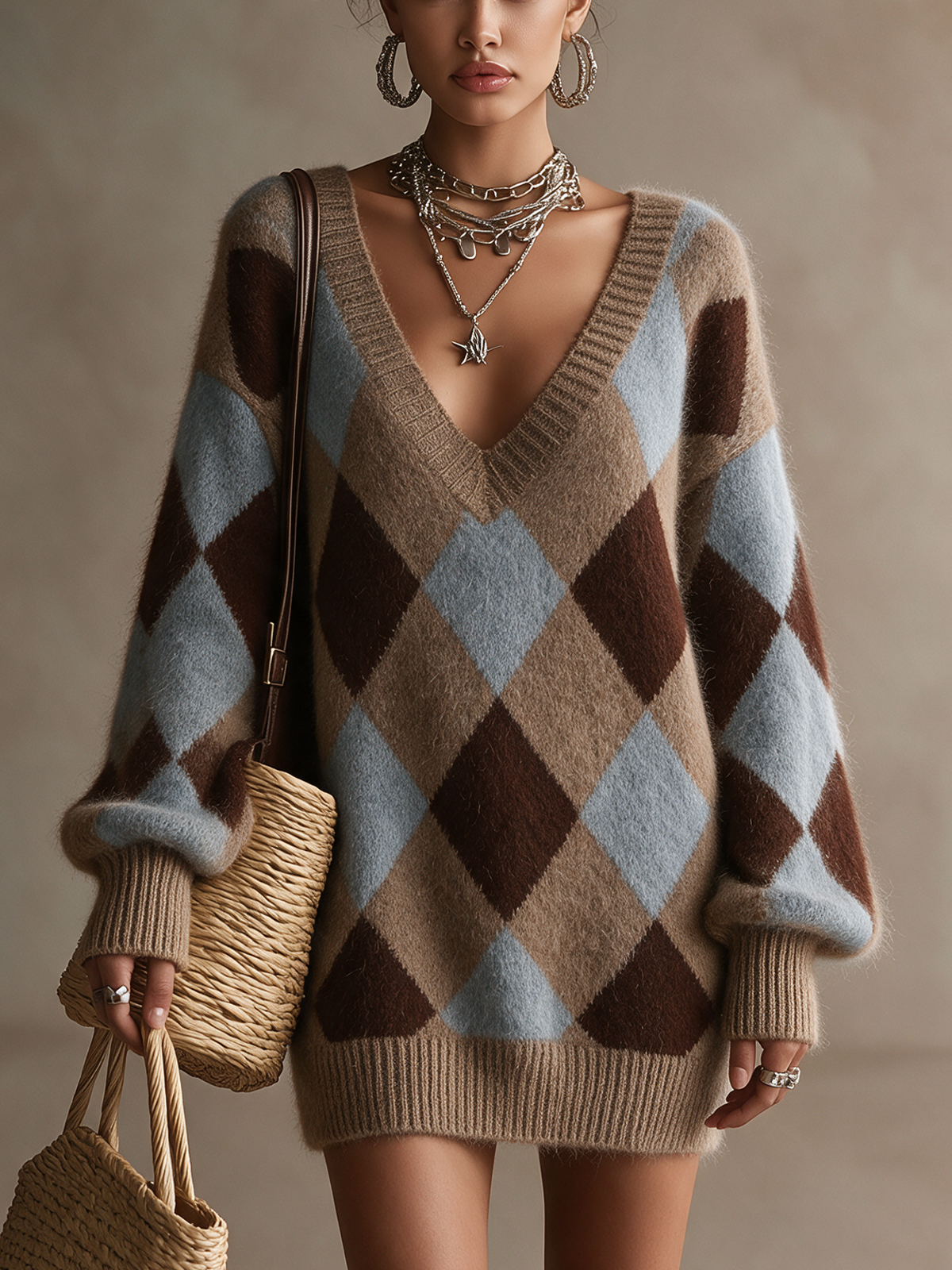 Robe courte oversize à losanges multicolores