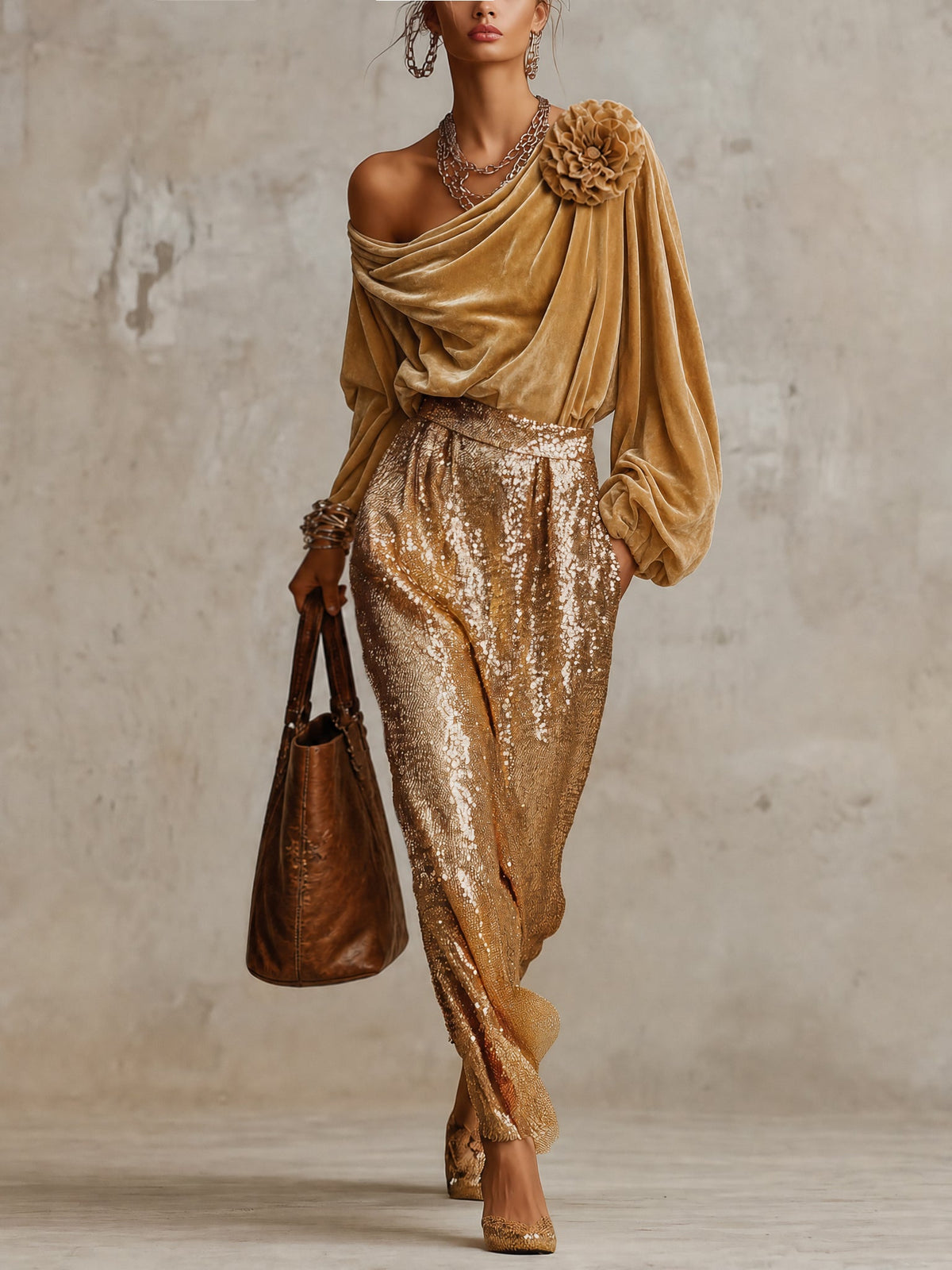 Ensemble haut doré et jupe à sequins
