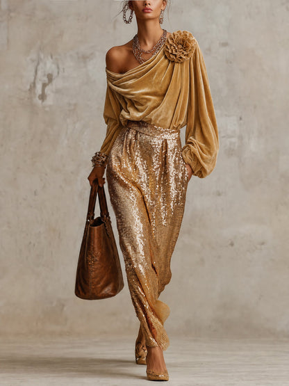 Ensemble haut doré et jupe à sequins