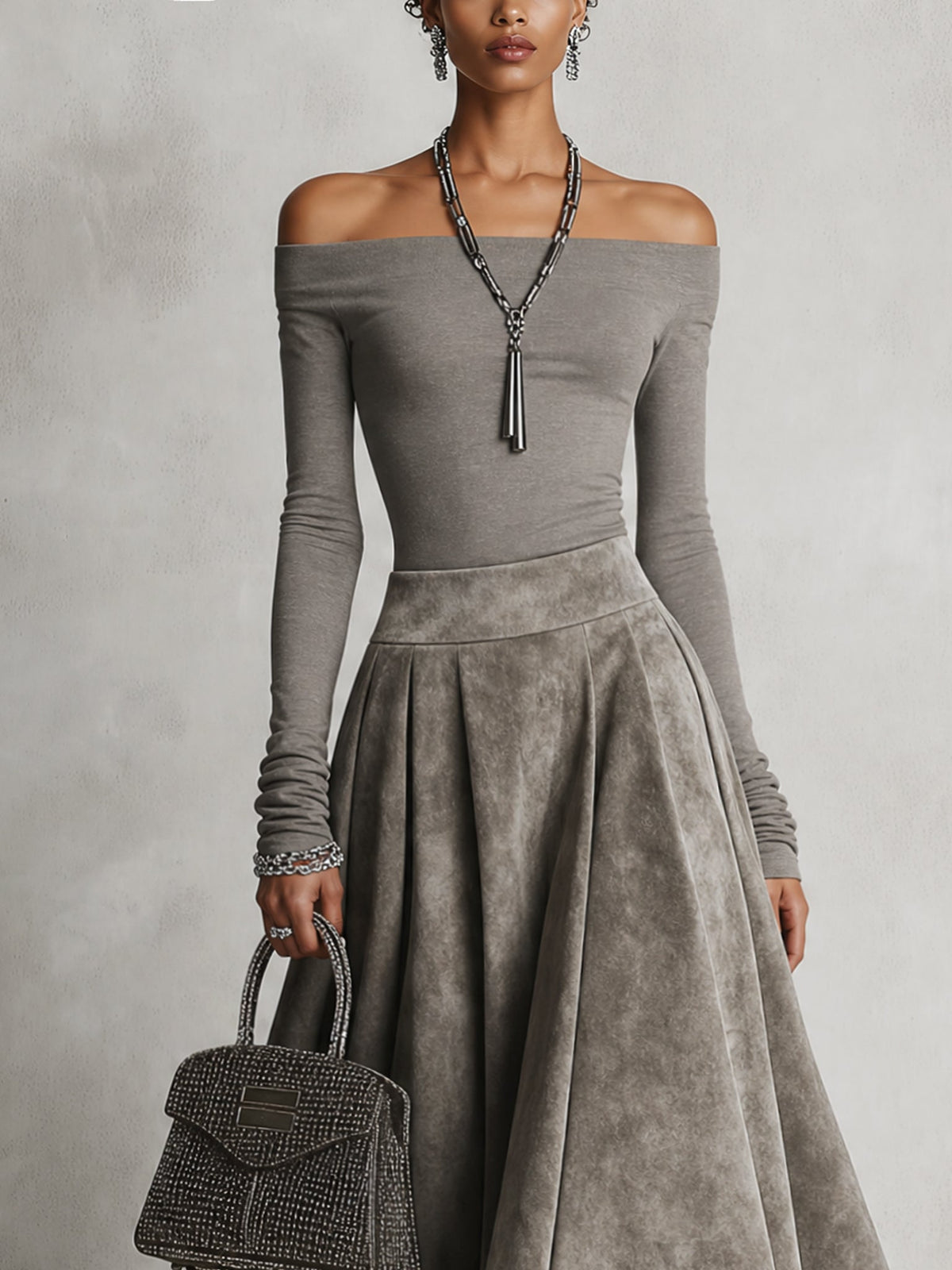 Ensemble gris jupe midi en suédine