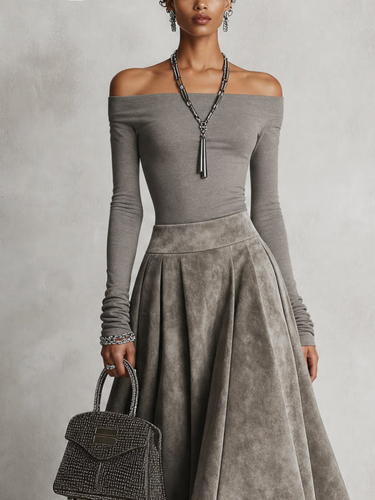 Conjunto gris falda midi de ante