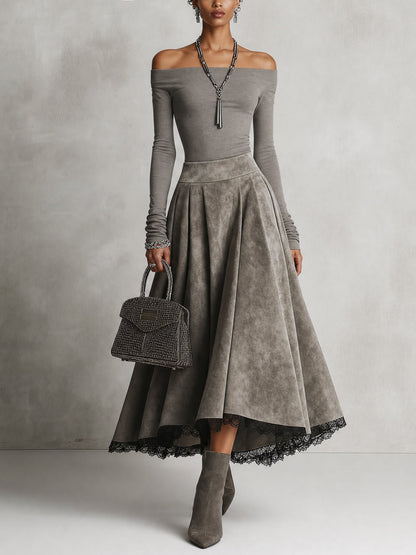 Ensemble gris jupe midi en suédine