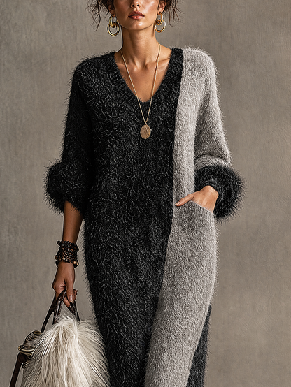 Robe longue molletonnée noire et grise
