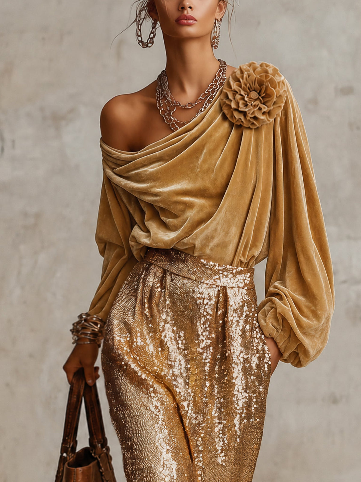Ensemble haut doré et jupe à sequins