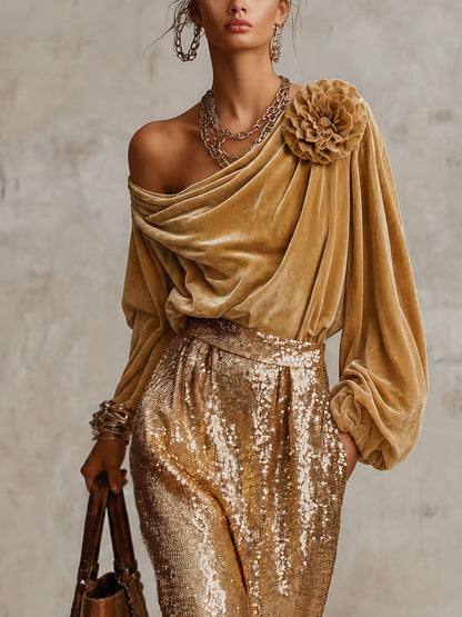 Ensemble haut doré et jupe à sequins