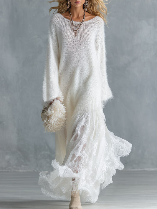 Robe longue blanche avec bas en dentelle