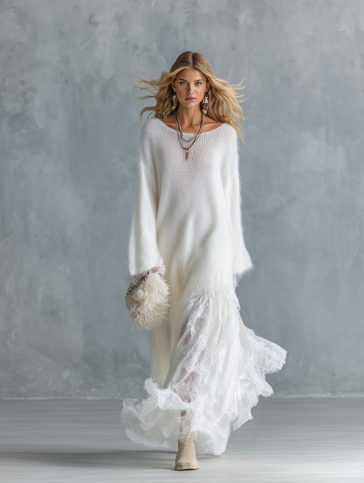 Robe longue blanche avec bas en dentelle