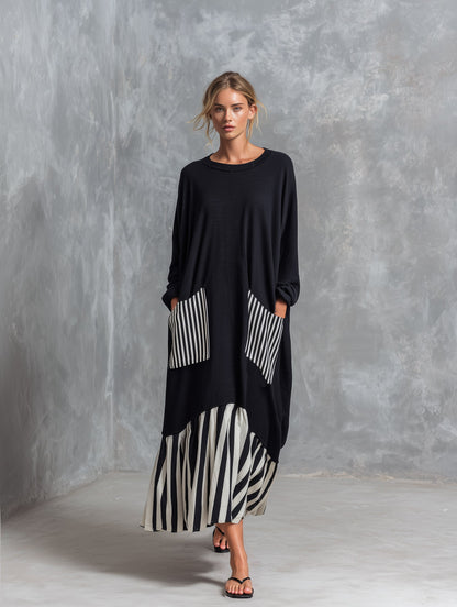 Robe maxi oversize noire à rayures minimaliste