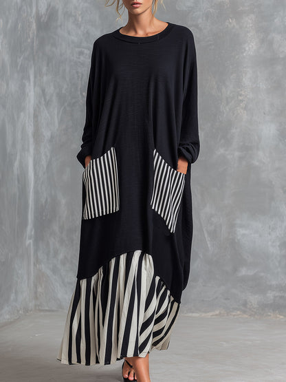Robe maxi oversize noire à rayures minimaliste