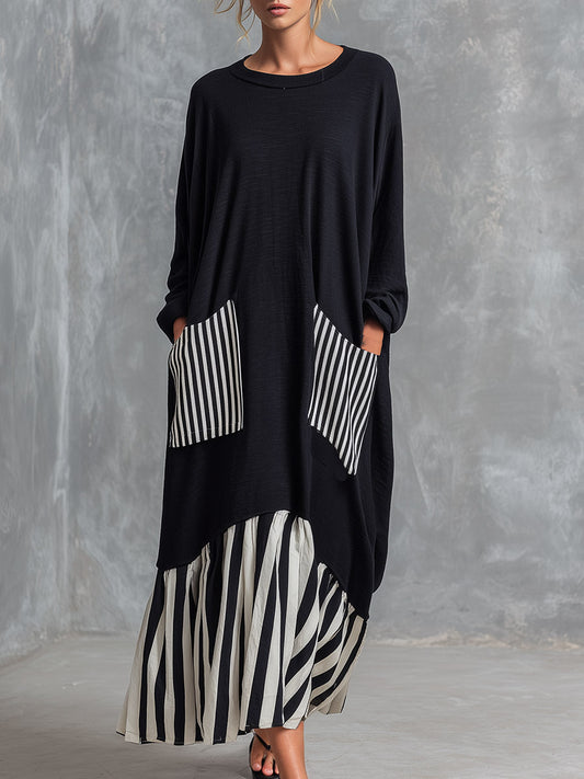 Robe maxi oversize noire à rayures minimaliste