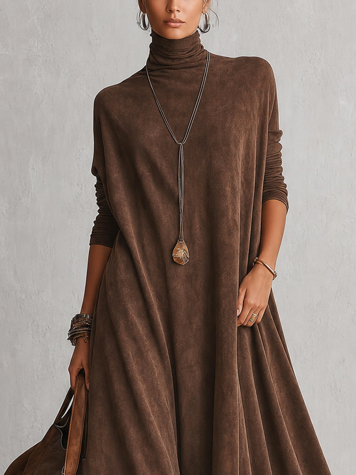 Vestido largo ante marrón con encaje