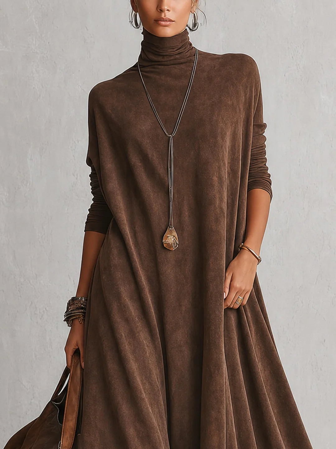 BRUNELLA | Robe Longue Effet Daim avec Bordure en Dentelle