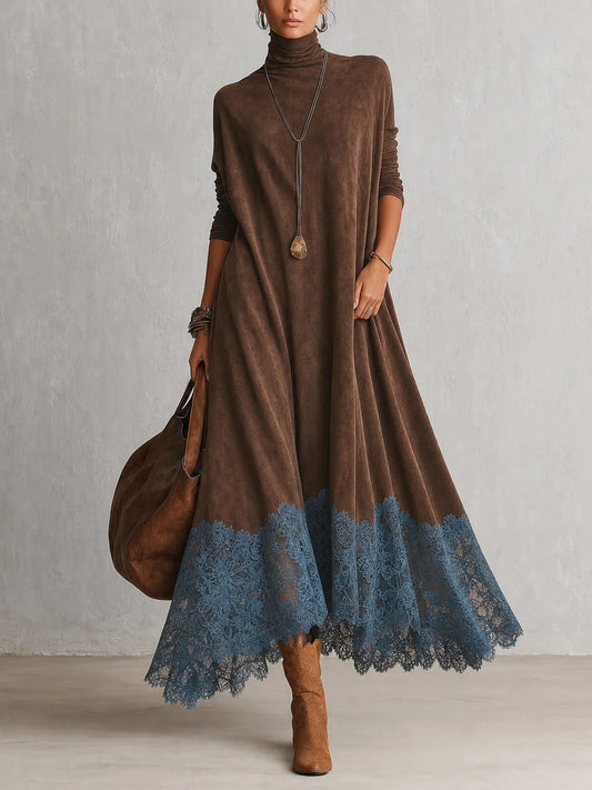 BRUNELLA | Robe Longue Effet Daim avec Bordure en Dentelle - Marron