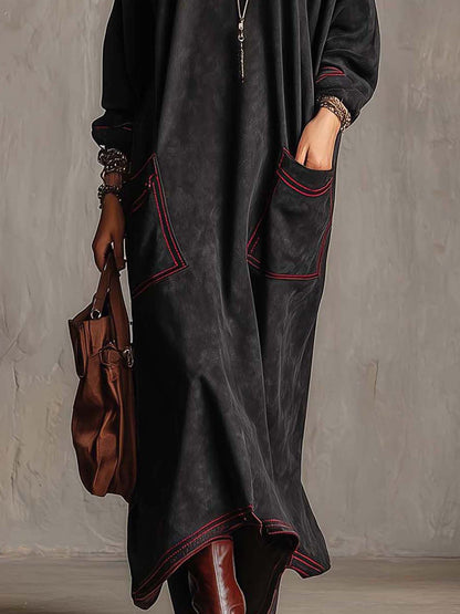 Robe longue en daim noir avec poches