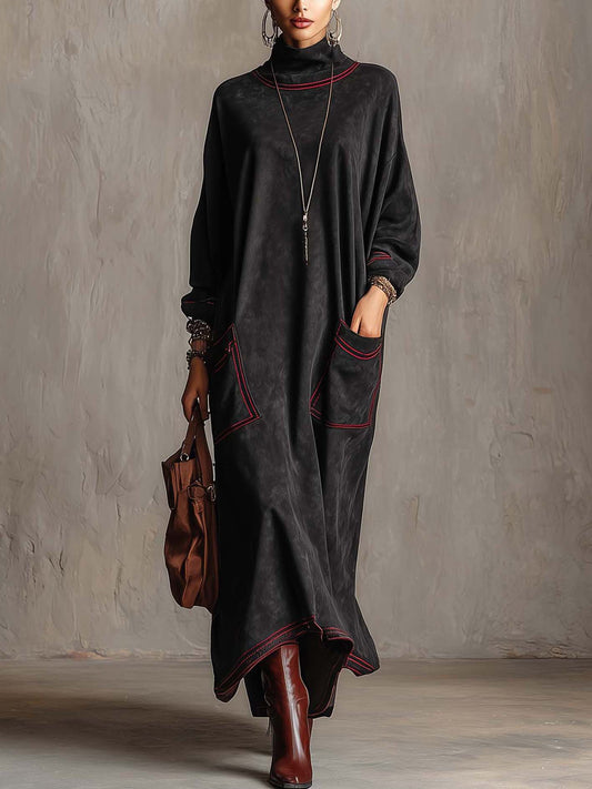 Robe longue en daim noir avec poches
