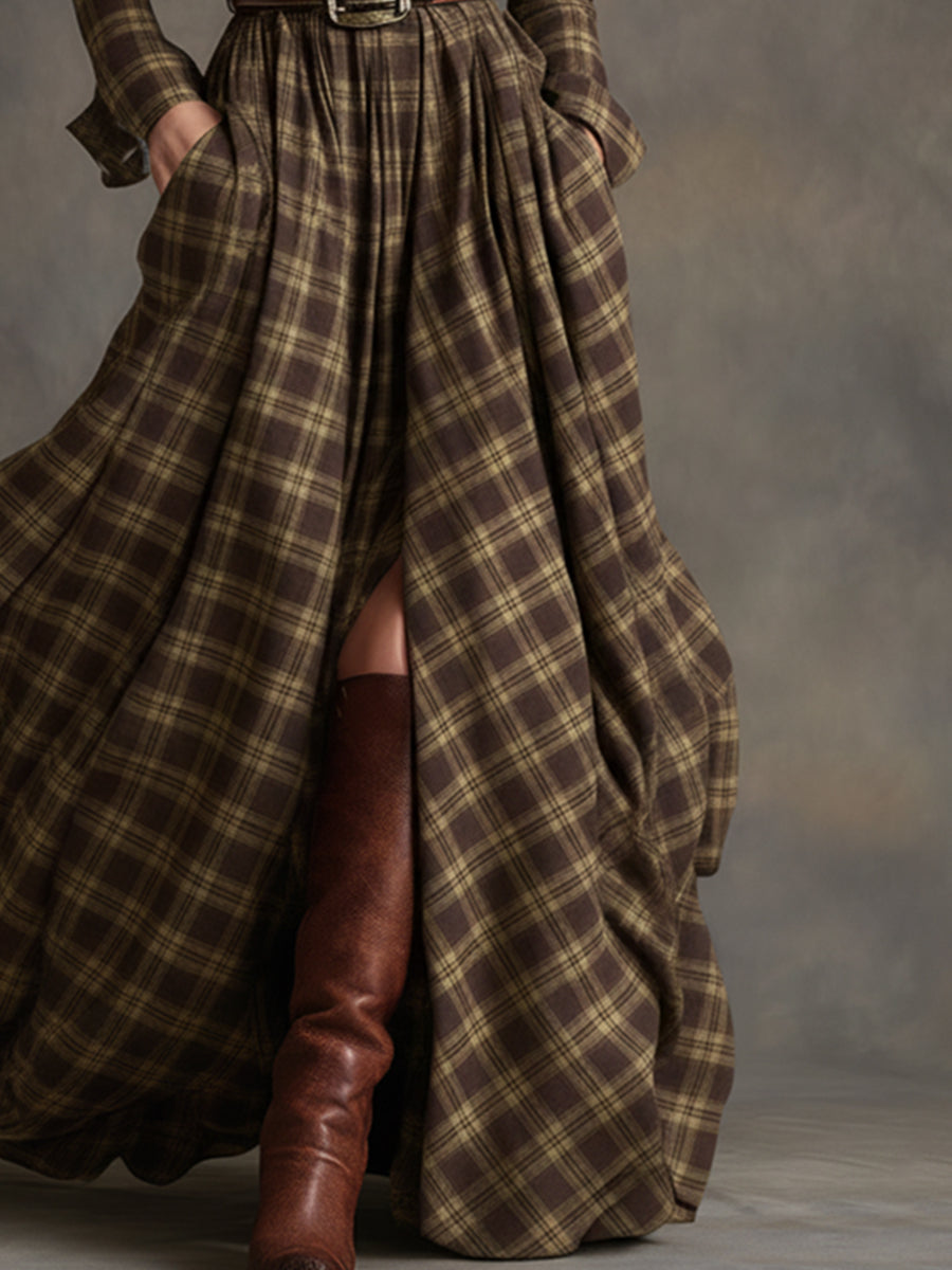 Margaux | Robe longue à revers et carreaux brun rougeâtre, style ethnique rétro