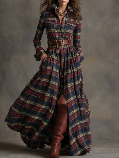 Margaux | Robe longue à revers et carreaux brun rougeâtre, style ethnique rétro