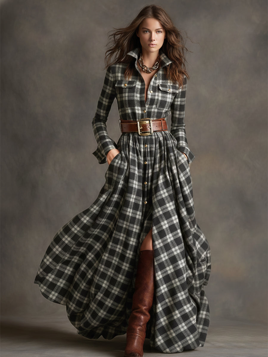 Margaux | Robe longue à revers et carreaux brun rougeâtre, style ethnique rétro