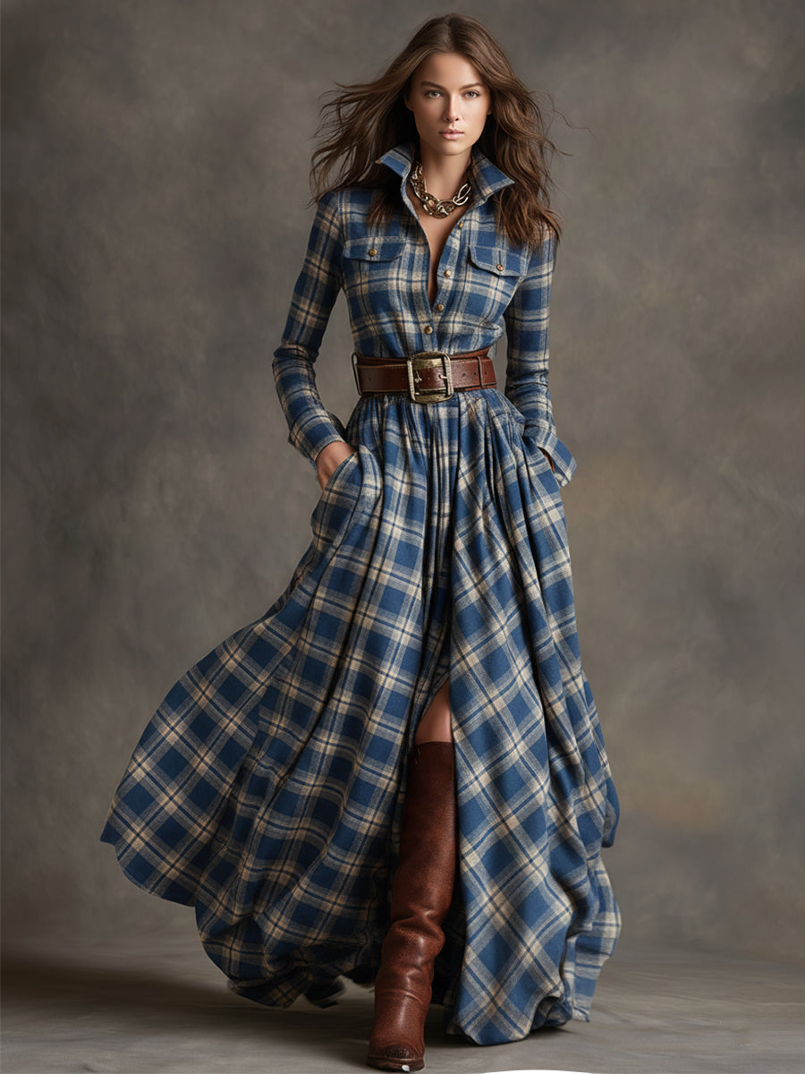 Margaux | Robe longue à revers et carreaux brun rougeâtre, style ethnique rétro