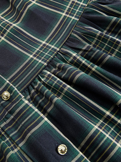 Margaux | Robe longue à revers et carreaux brun rougeâtre, style ethnique rétro
