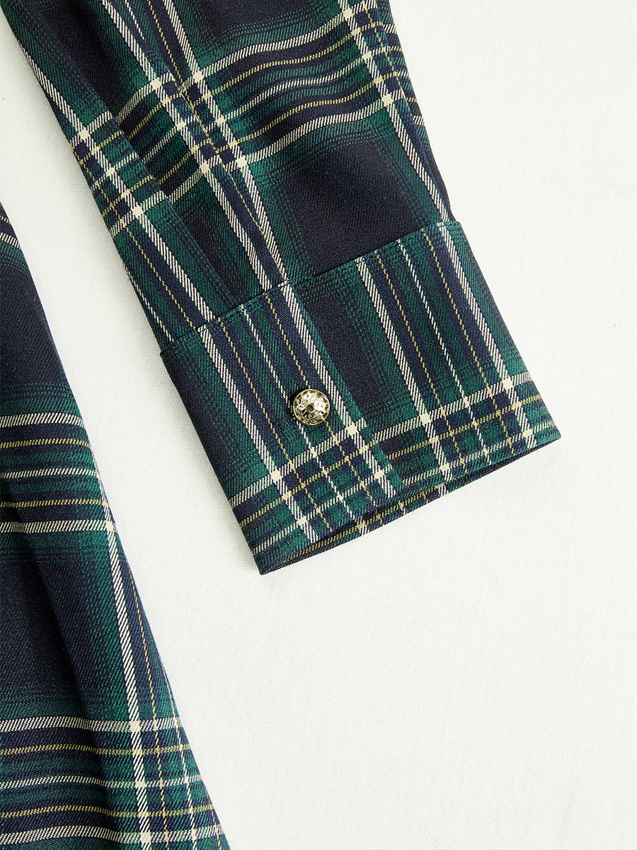 Margaux | Robe longue à revers et carreaux brun rougeâtre, style ethnique rétro