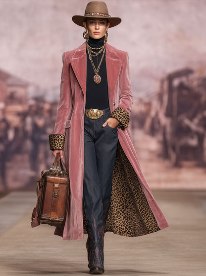 Élodie | Manteau en velours à revers, simple boutonnage et imprimé léopard