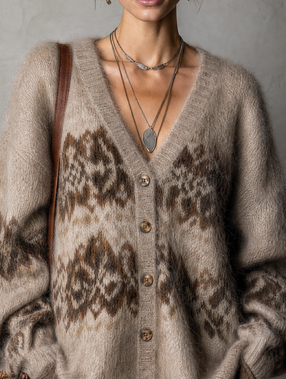 Gilet en maille duveteuse motif Fair Isle taupe