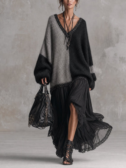 Robe longue oversize noire et grise