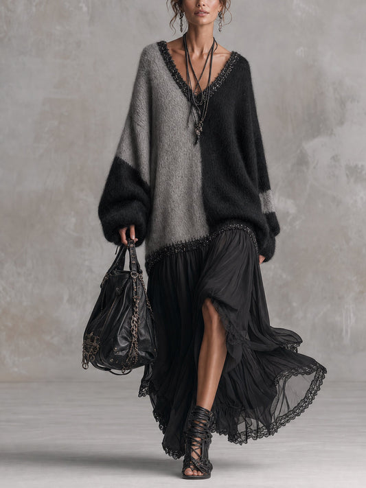 Robe longue oversize noire et grise