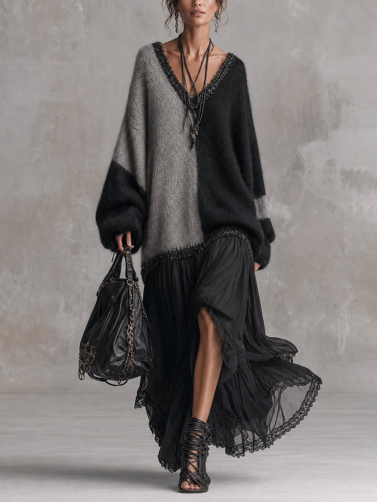 Robe maxi oversize en maille et mousseline, noir et gris