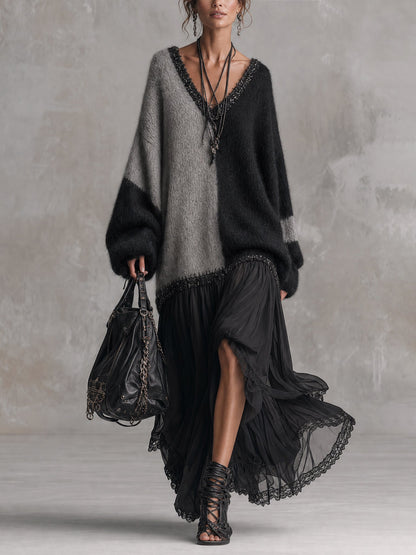 Robe maxi oversize en maille et mousseline, noir et gris