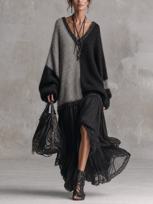 Robe maxi oversize en maille et mousseline, noir et gris