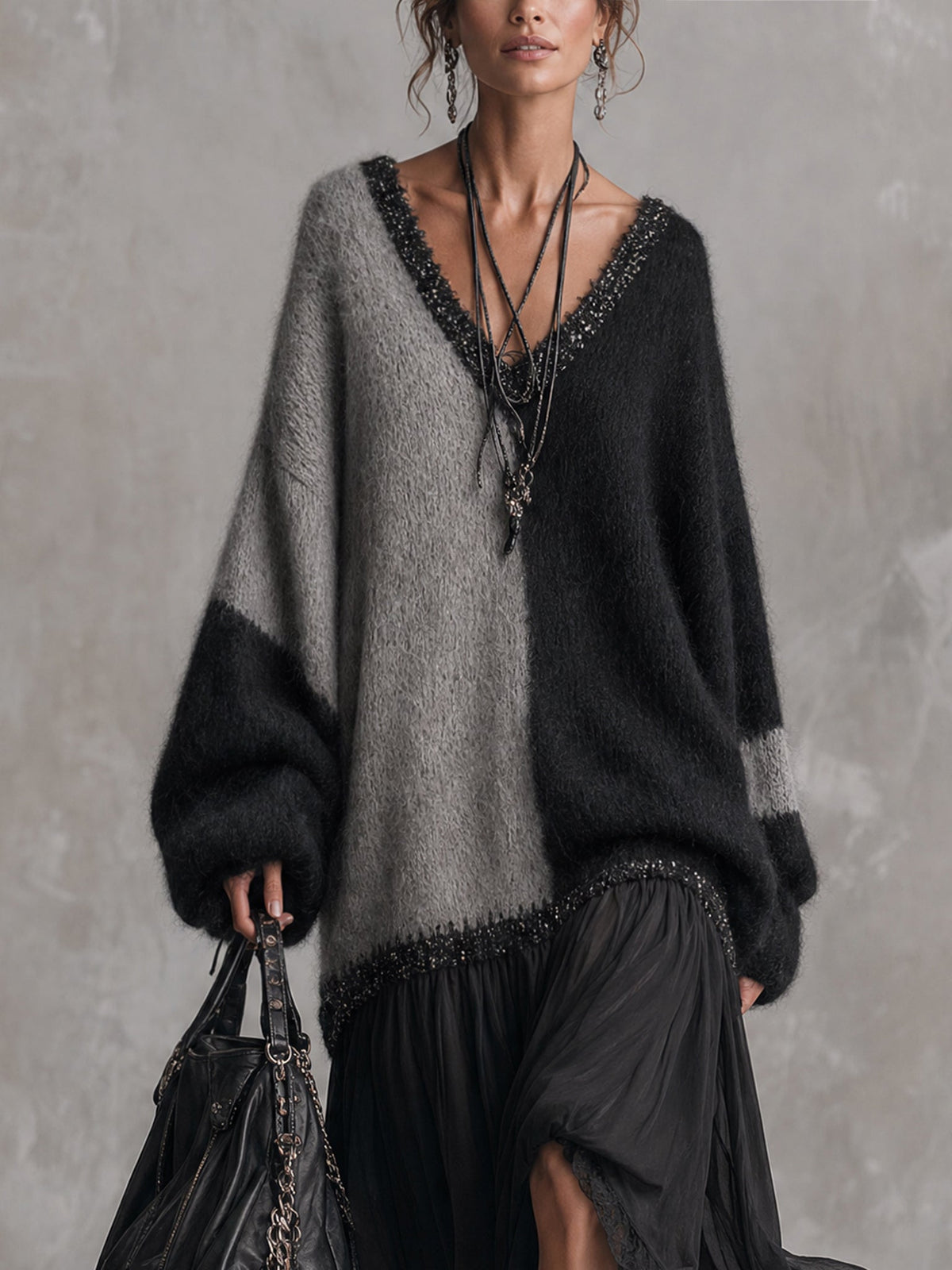 Robe maxi oversize en maille et mousseline, noir et gris