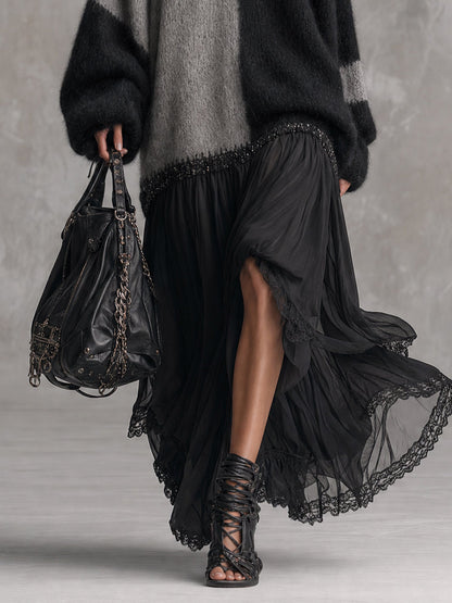 Robe maxi oversize en maille et mousseline, noir et gris