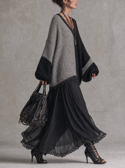 Robe maxi oversize en maille et mousseline, noir et gris