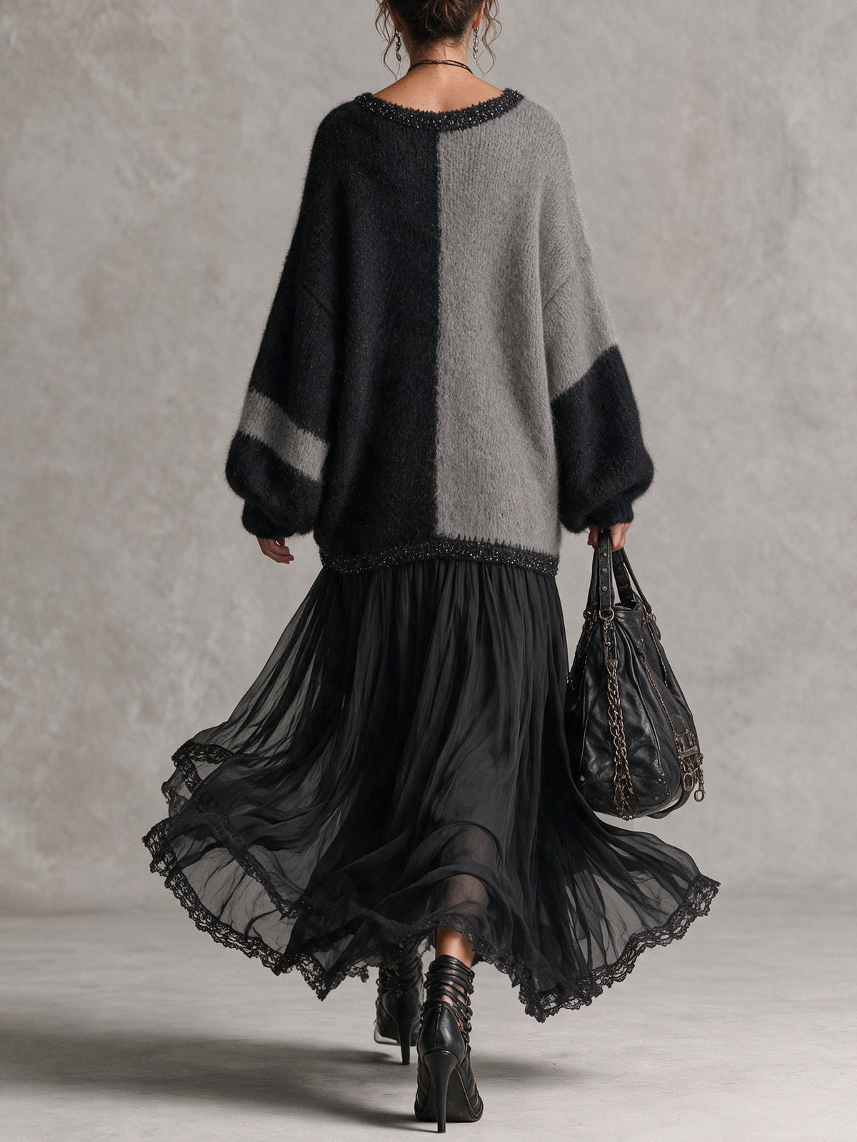 Robe maxi oversize en maille et mousseline, noir et gris