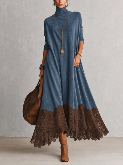 BRUNELLA | Robe Longue Effet Daim avec Bordure en Dentelle - Bleu