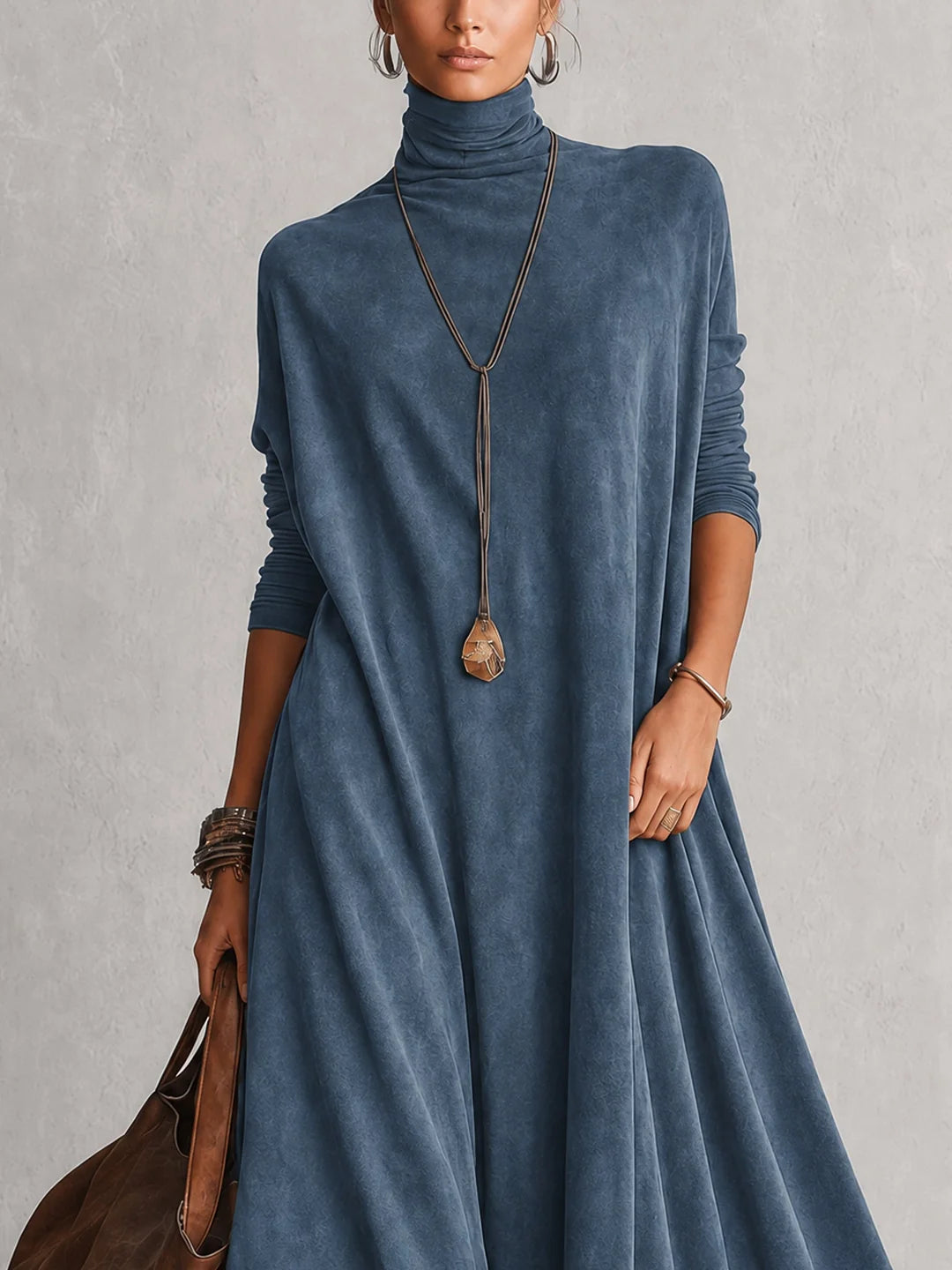 BRUNELLA | Robe Longue Effet Daim avec Bordure en Dentelle - Bleu