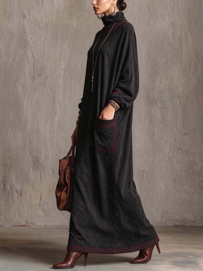 Robe longue en daim noir avec poches
