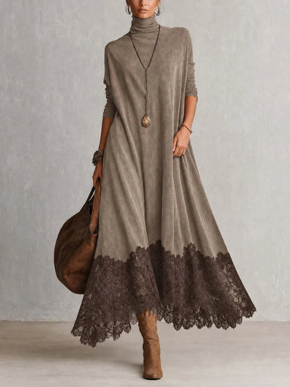 BRUNELLA | Robe Longue Effet Daim avec Bordure en Dentelle - Taupe