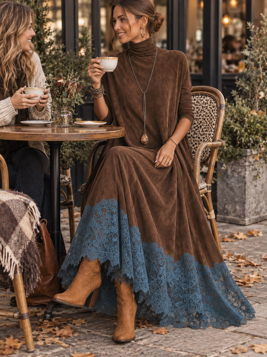 Vestido largo ante marrón con encaje